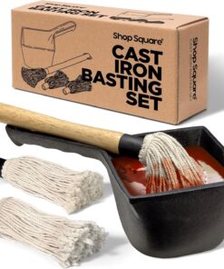 Cast Iron Basting Pot and BBQ Mop Brush - BBQ Basting Set with Saucepan and Brush for Meat Smoker. Grill and Stove - BBQ Meat Smoker Accessories Gift for Men. 24 Oz