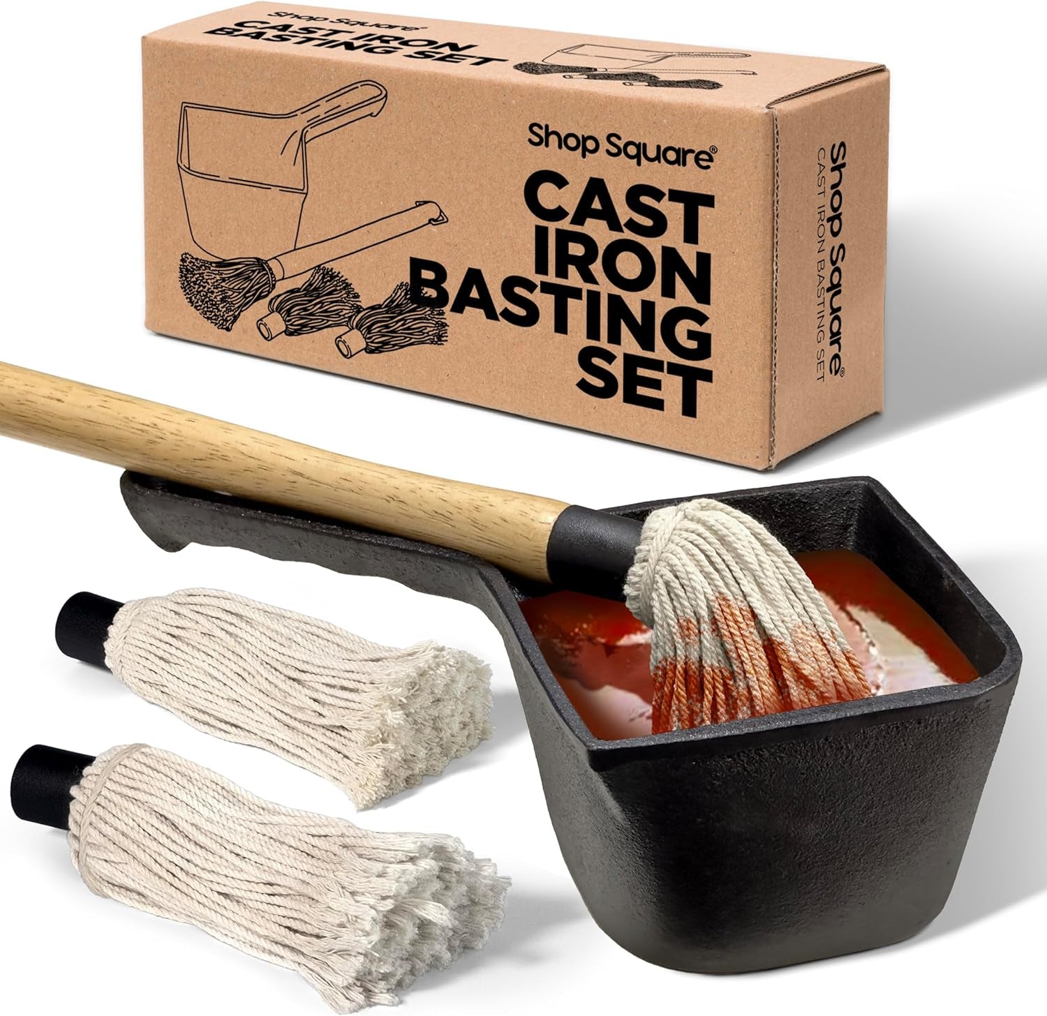 Cast Iron Basting Pot and BBQ Mop Brush - BBQ Basting Set with Saucepan and Brush for Meat Smoker. Grill and Stove - BBQ Meat Smoker Accessories Gift for Men. 24 Oz