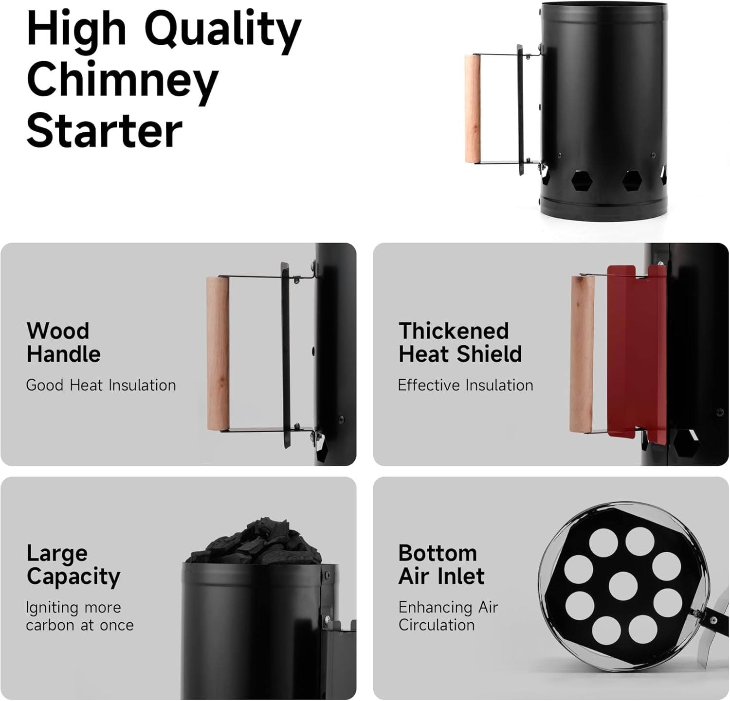 Charcoal Chimney Starter. Heavy Duty Premium Chimney Starter for Charcoal Grills BBQ Accessory with Heat Resistant Wooden Handle for Outdoor Grill Camping (Black) - Image 6