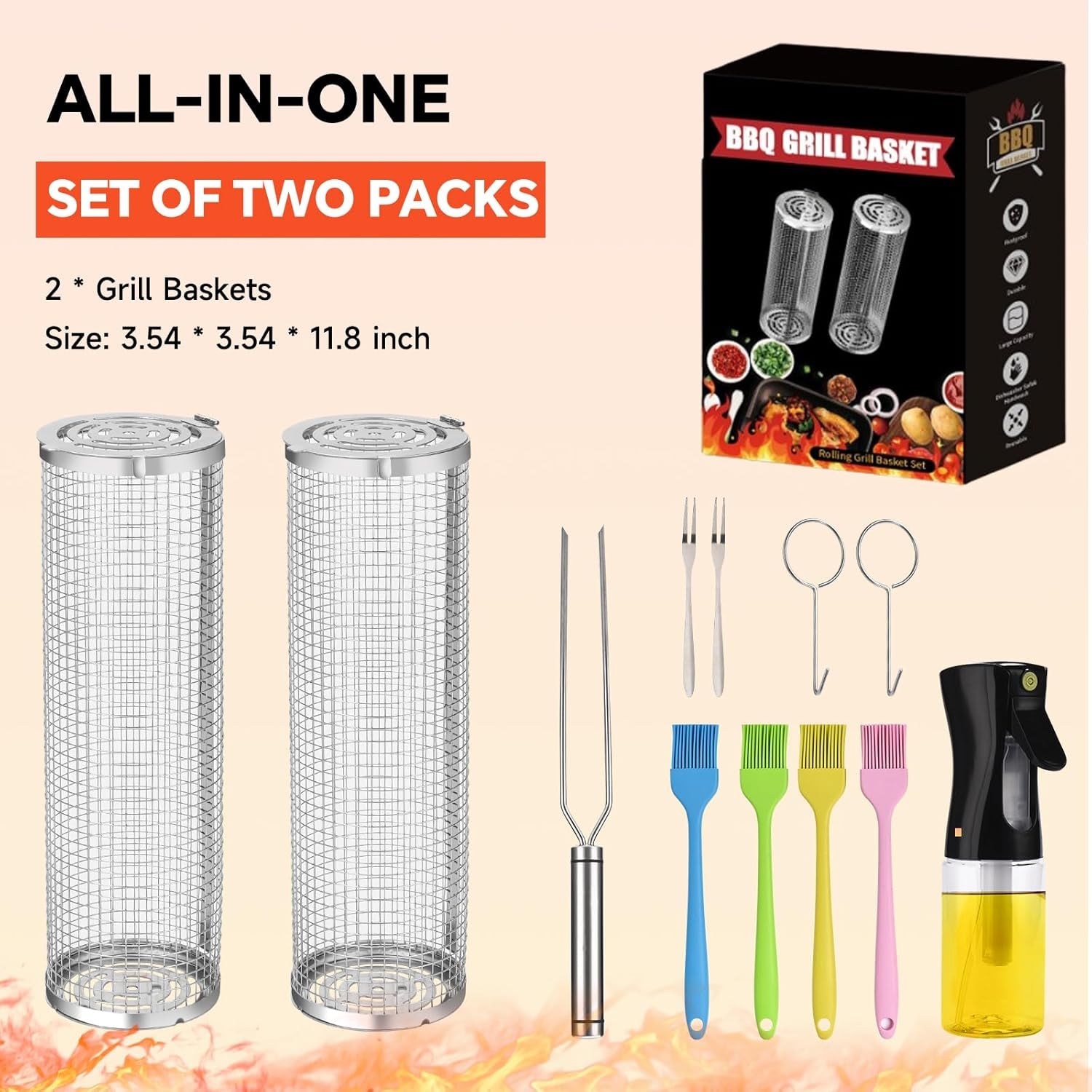 BBQ Basket 2 PCS. Stainless Steel Rolling Grill Mesh for Fish. Shrimp. Meat. Vegetables. Fries - Portable Barbeque Accessories for Outdoor Grilling - Image 6