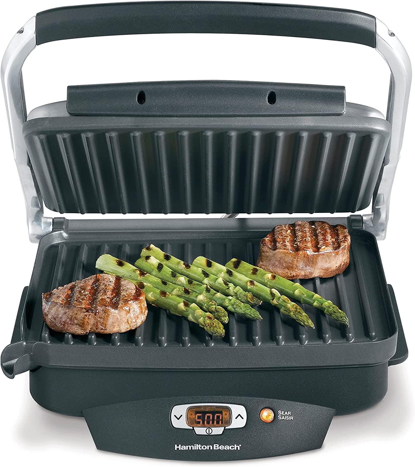 Hamilton Beach Steak Lover'S Electric Indoor Searing Grill. Nonstick 100 Square. Stainless Steel (25331). Black and Stainless. Medium