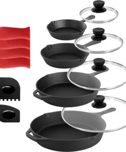 Megachef 13 Piece Pre-Seasoned Cast Iron Skillet Set with Temperd Glass Lids and Silicone Holders