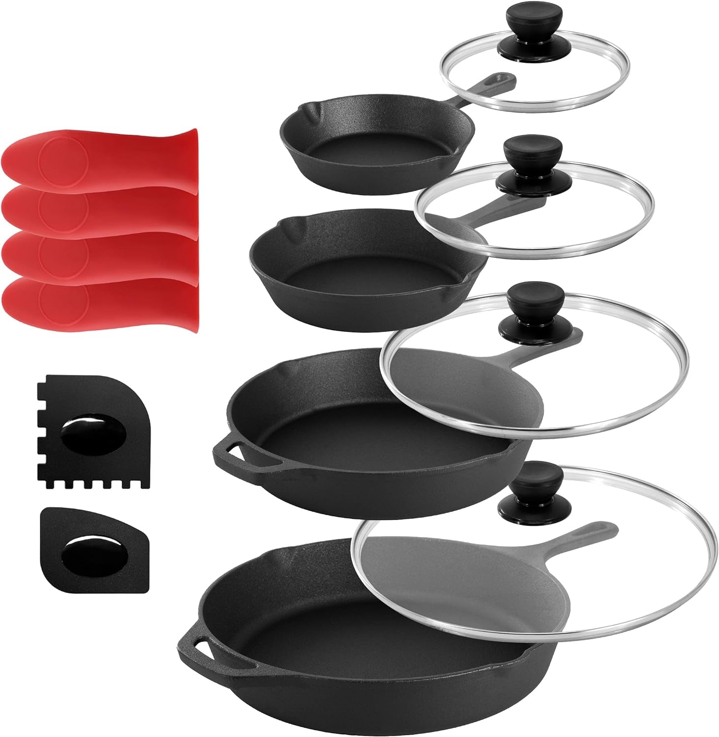Megachef 13 Piece Pre-Seasoned Cast Iron Skillet Set with Temperd Glass Lids and Silicone Holders - Image 9