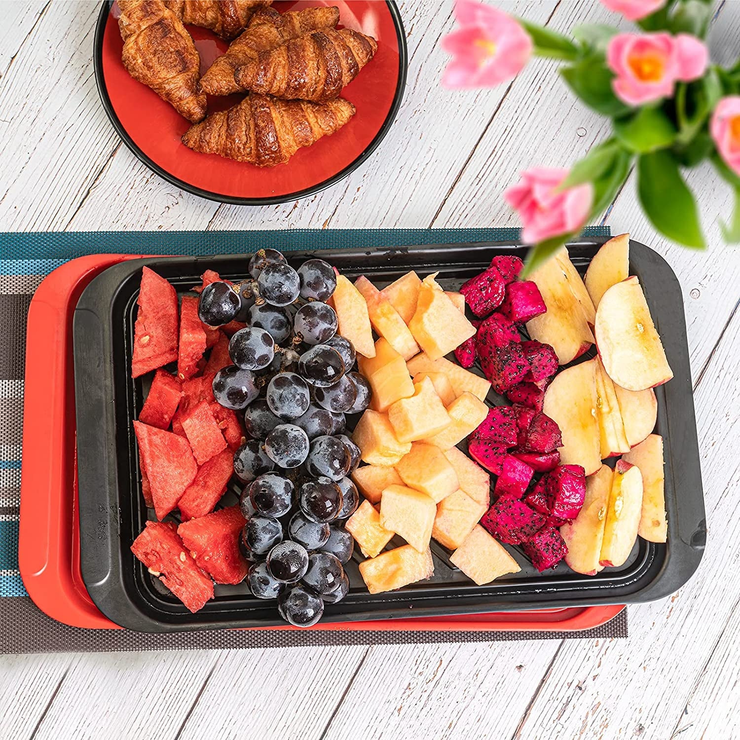 Serving Trays with Handles. Melamine Grill Prep and Serving Platters for Outdoor. Parties and BBQ. Set of 2. Black and Red - Image 5