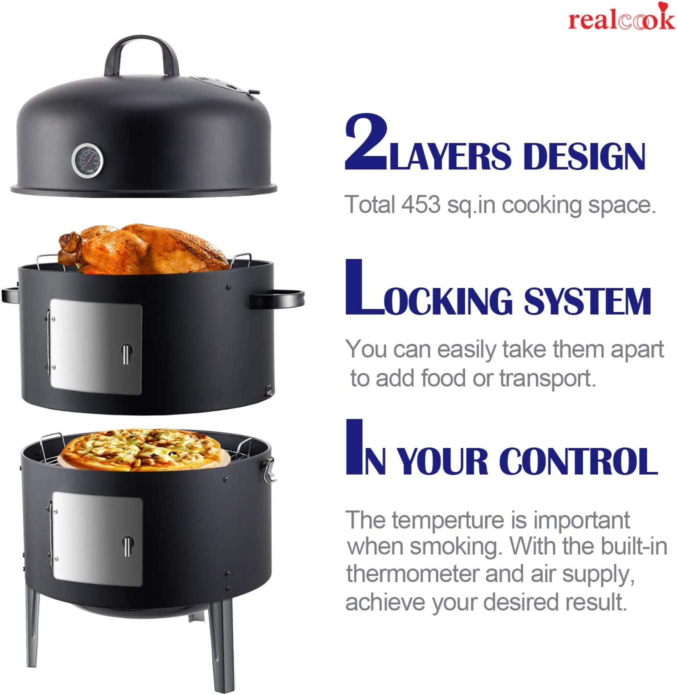 Realcook Vertical 17 Inch Steel Charcoal Smoker. Heavy Duty round BBQ Grill for Outdoor Cooking. Black - Image 5
