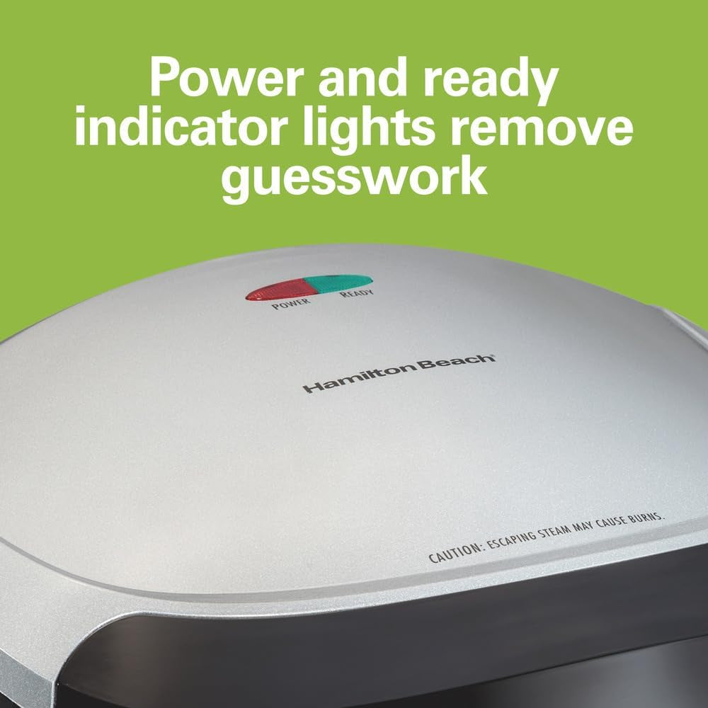 Hamilton Beach Electric Indoor Grill. 6-Serving. Large 90 Sq. In. Nonstick Easy Clean Plates. Floating Hinge for Thicker Foods. 1200 Watts. 6.38D X 12.68W X 13.78H . Silver (25371) - Image 7