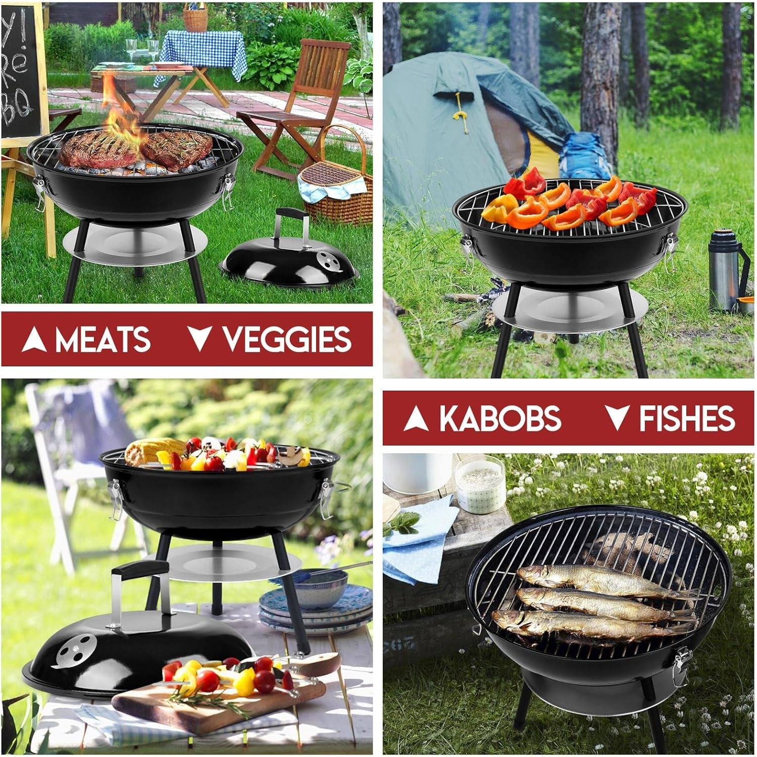 Hasteel 14 Inch Charcoal Grill. Small Black Enamel Outdoor BBQ Grill. Mini Flat Top Kettle Barbecue Grill with Screwdriver. Portable for Backyard Garden Camping Cooking Smoking. Dual Venting System - Image 5