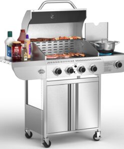 Gas Grill.Heavy-Duty Stainless Steel BBQ Grill.4 Burner Gas Grill with Side Burner.42000 BTU Propane Grill for Outdoor Cooking.Barbecue.Garden and Patio Backyard