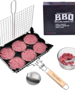 Grill Basket Stainless Steel BBQ Grilling Basket with Burger Press Set.Grill Basket for Fish.Vegetables BBQ Camping Accessories Outdoor Grilling Gifts for Men Dad Folding Grill Basket with Removable Handle