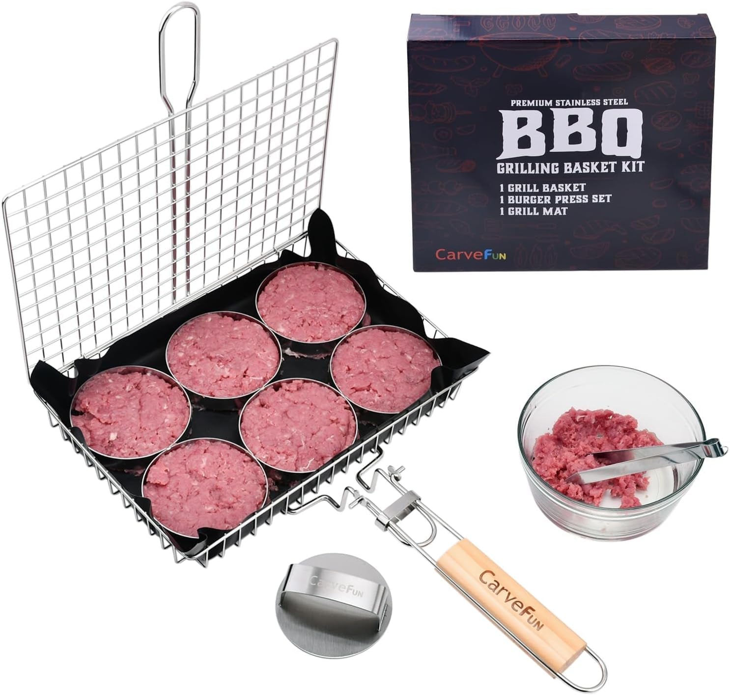 Grill Basket Stainless Steel BBQ Grilling Basket with Burger Press Set.Grill Basket for Fish.Vegetables BBQ Camping Accessories Outdoor Grilling Gifts for Men Dad Folding Grill Basket with Removable Handle