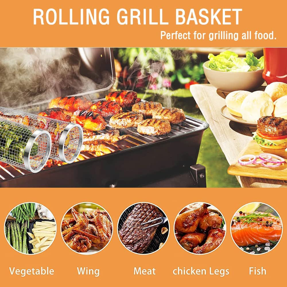 Cooking Coll Rolling Grilling Basket.Round Stainless Steel BBQ Grill Mesh.Grill Baskets for Outdoor Grill.Barbecue Net Tube Grate Fish.Vegetable.Fries - Camping Picnic Cookware(Mid.7.87 X 3.54 Inch) - Image 3