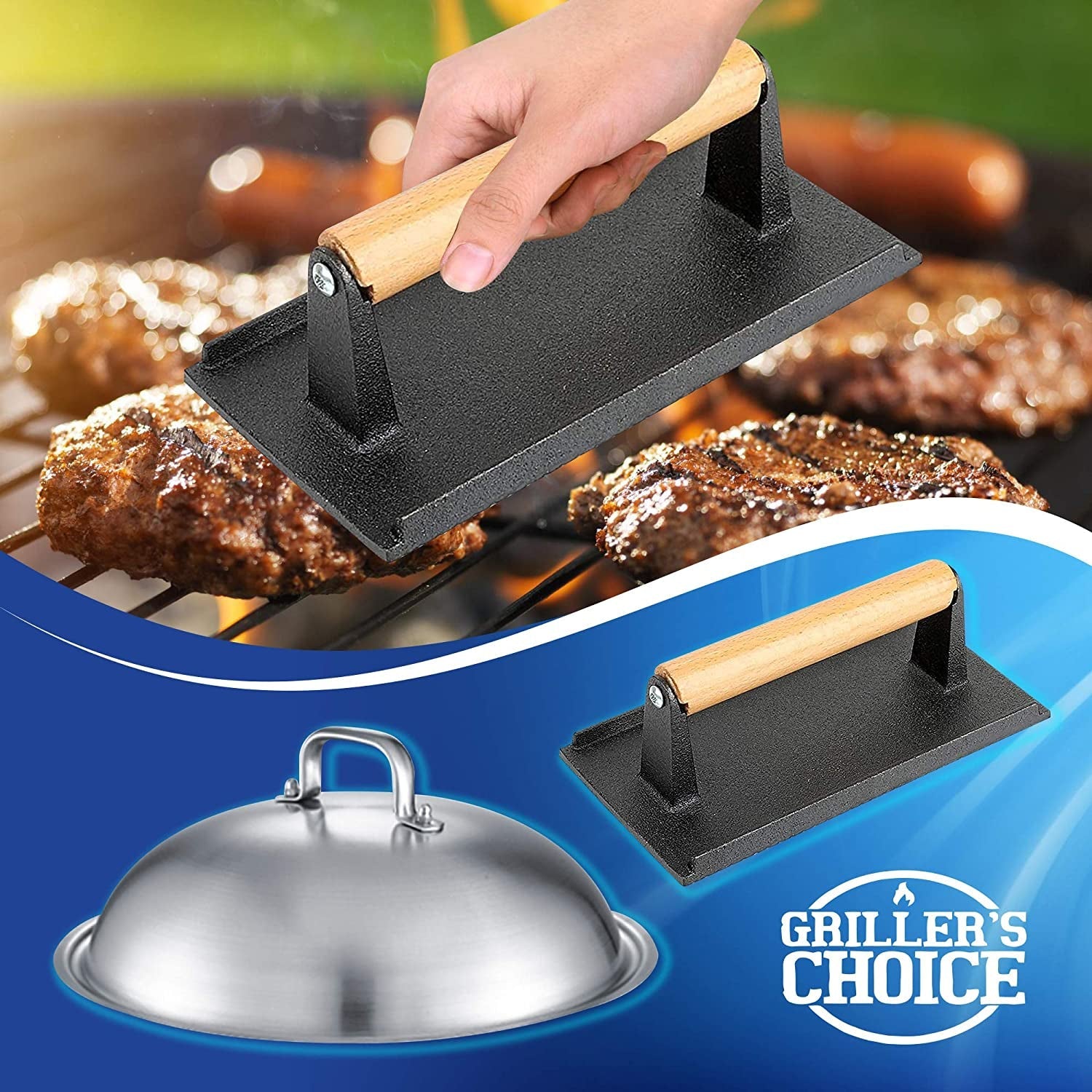 Grillers Choice Griddle Accessories. Flat Top Grill Accessories.Commercial Quality Cast Iron Grill Press and Melting Dome. Griddle Grill Dome for Cooking and Griddle Cheese Press. - Image 4