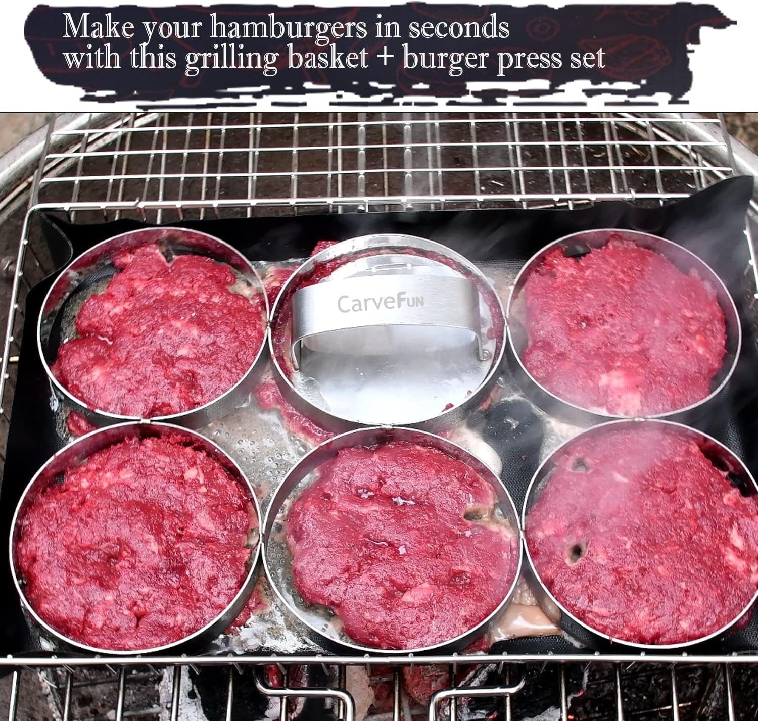 Grill Basket Stainless Steel BBQ Grilling Basket with Burger Press Set.Grill Basket for Fish.Vegetables BBQ Camping Accessories Outdoor Grilling Gifts for Men Dad Folding Grill Basket with Removable Handle - Image 4