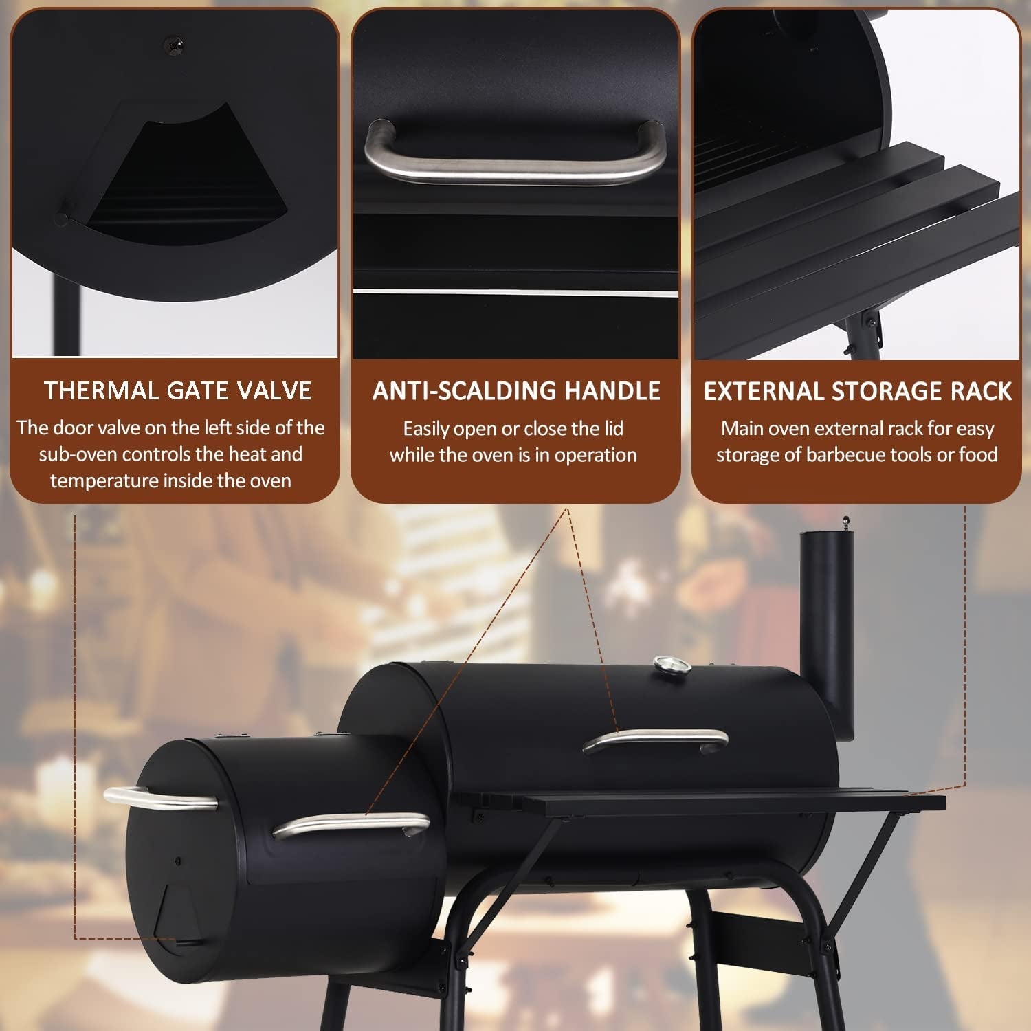 Charcoal Grills Outdoor BBQ Grill Offset Smoker with Wheels Side Fire Box Portable Barbecure Grill for Outdoor Cooking Backyard Camping Picnics.Black - Image 5