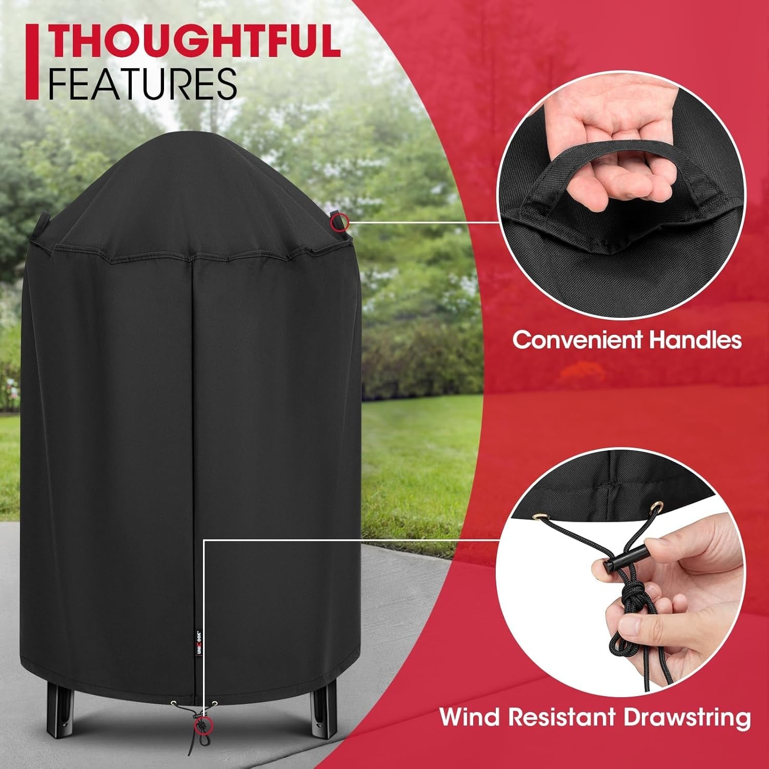 Unicook round Smoker Cover 30 Inch. Heavy Duty Waterproof Charcoal Kettle BBQ Grill Cover. Fade Resistant Barrel Protector. Fits Weber Char-Griller Akorn Kamado and More. 30 Dia X 36 H - Image 5