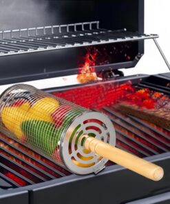 Grill Basket. Stainless Steel Grilling Accessories.Rolling Grill Baskets for Outdoor Grill with Wooden Handle. Practical Grilling Gifts for Men.Bbq Accessories Tool for Vegetable Shrimp. Outdoor Cooking Camping. Birthday Gifts for Men Dad Husband