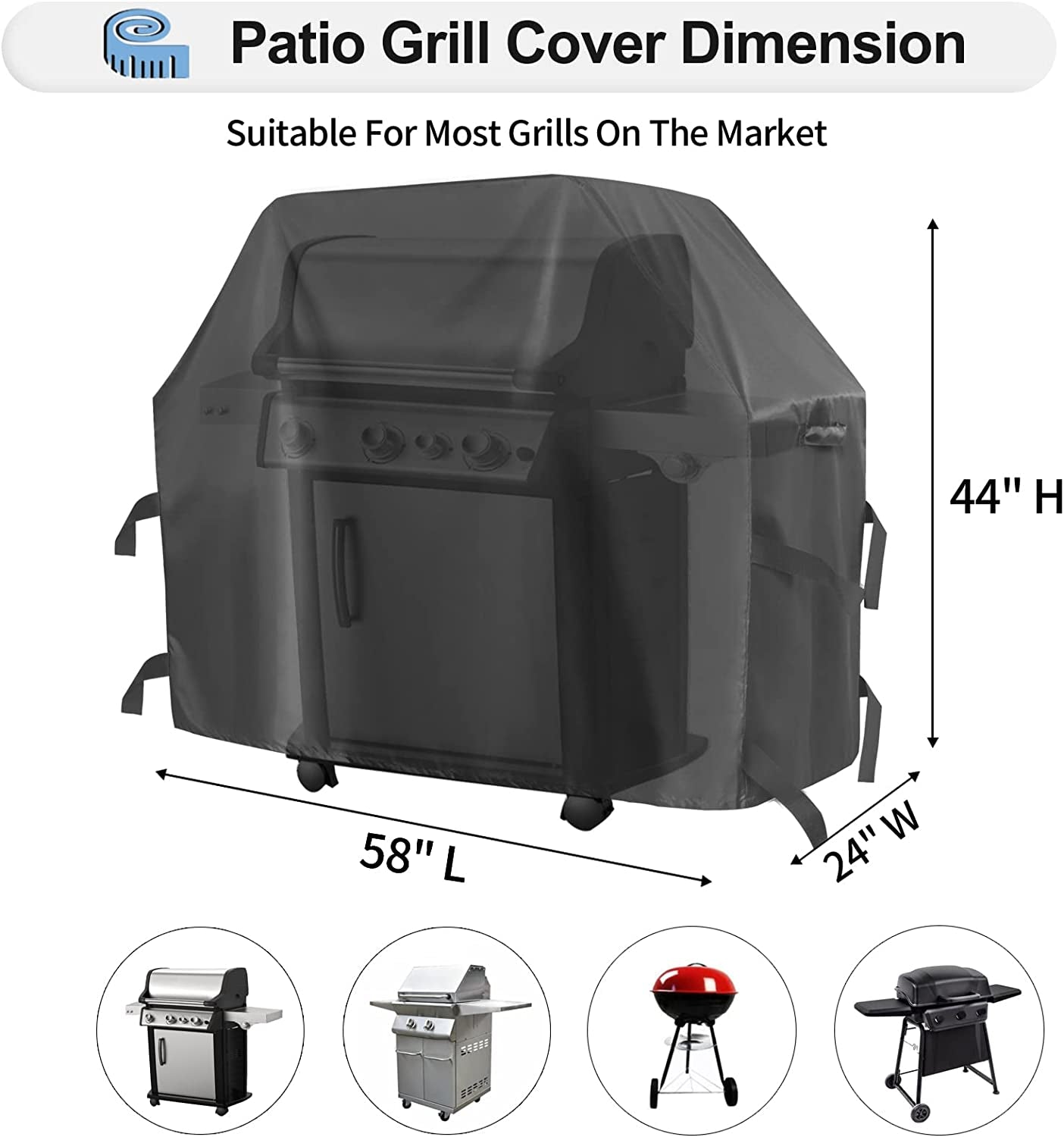 Outdoorlines Waterproof Heavy Duty BBQ Grill Cover - Universal Barbecue Grill Covers UV Resistant Barbeque Gas Grill Cover for Outdoor Universal Grills. 58L X 24W X 44H Inch. Black - Image 2