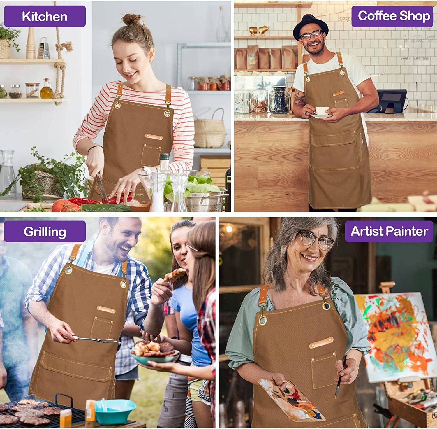 Chef Apron for Men Women with Gift Box Pack. Cross Back Apron with Pockets for Kitchen Cooking Baking Artist Painting. Cotton Canvas Work Aprons for Shop. Garden. Restaurant. Cafe (Brown. M to XXL) - Image 6
