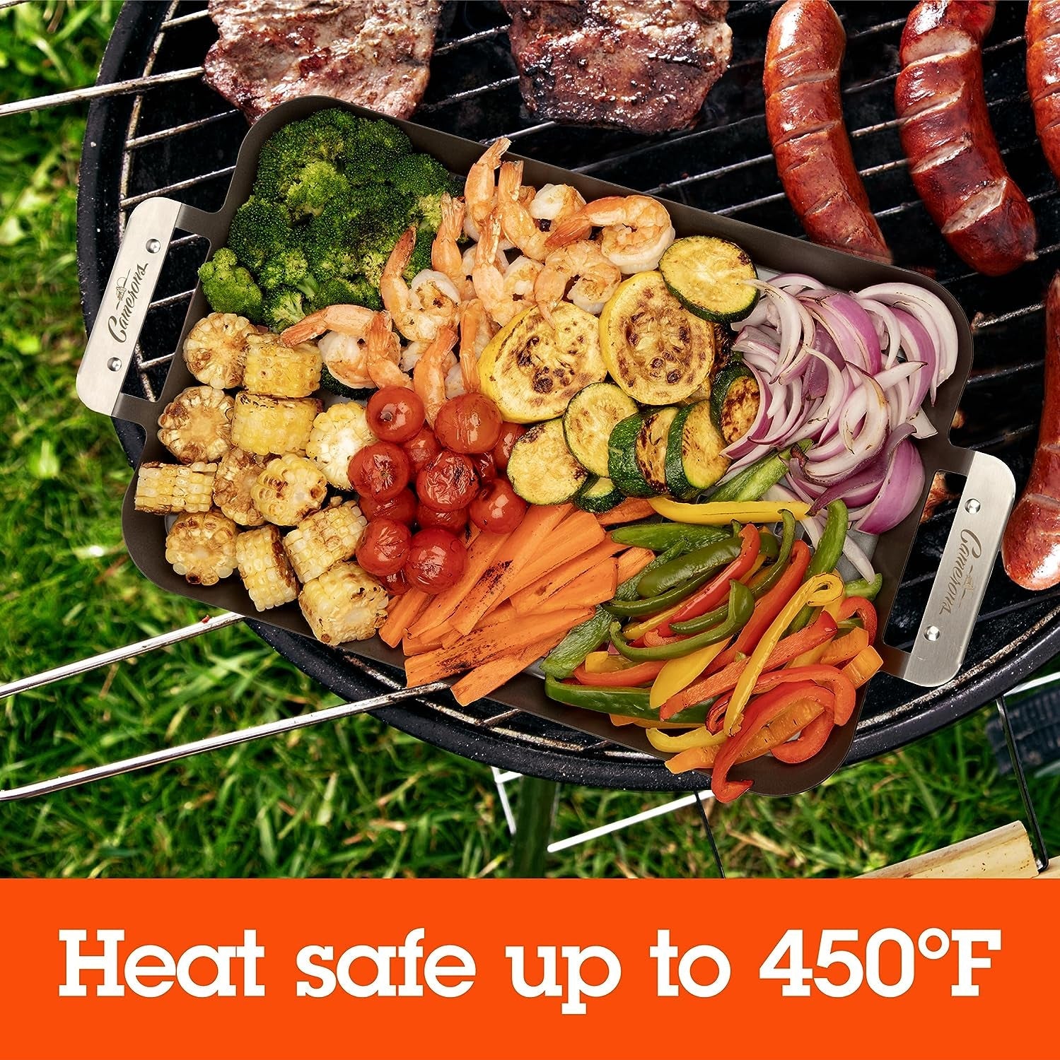 BBQ Grill Topper Grilling Pans (Set of 2) - Non-Stick Barbecue Trays W Stainless Steel Handles - Indoor Outdoor Use for Meat. Vegetables & Seafood - Great for Thanksgiving Dinner - Grill Gift for Men - Image 2