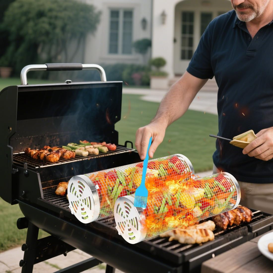 Rolling Grilling Baskets 2 PCS. Stainless Steel BBQ Net Tube Baskets with Oil Sprayer BBQ Accessories Tools for Vegetable Fish Meat Food Camping. Gifts for Men Dad and Husband - Image 7