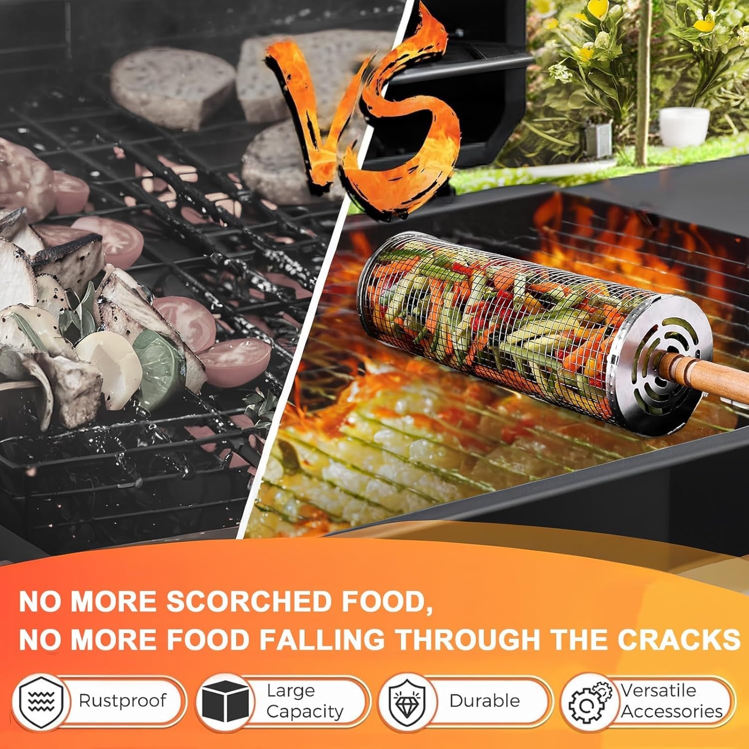 Rolling Grilling Baskets for Outdoor Grill 2 Pcs.Removable Wooden Handle.Perfect Gifts for Men Dad Husband.Portable Camping Nesting Grill Baskets for Fish. Shrimp. Meat. Vegetables - Image 4