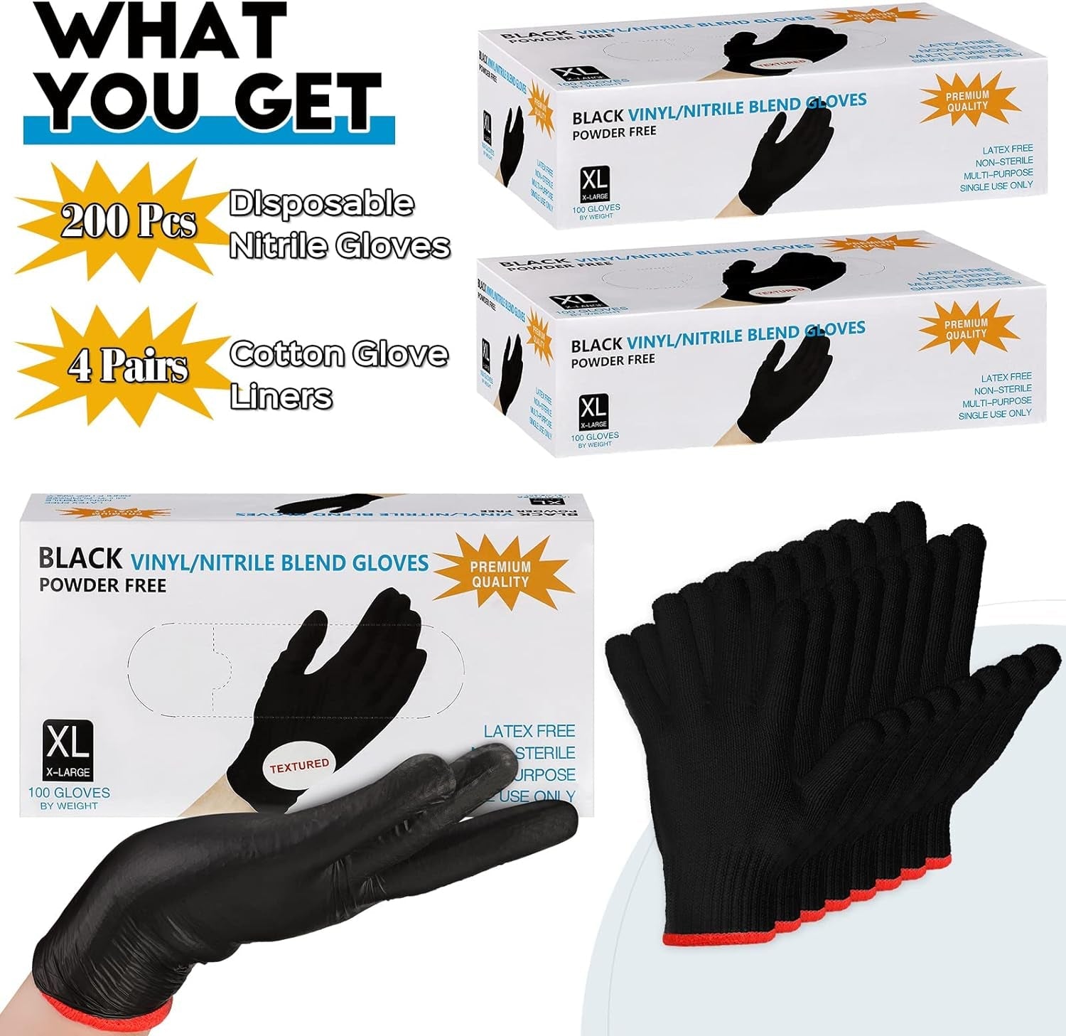 200 Pcs Disposable BBQ Gloves with 4 Pairs Cotton Liners Grilling Gloves BBQ Cooking Gloves (Black. Dark Gray. X-Large) - Image 4