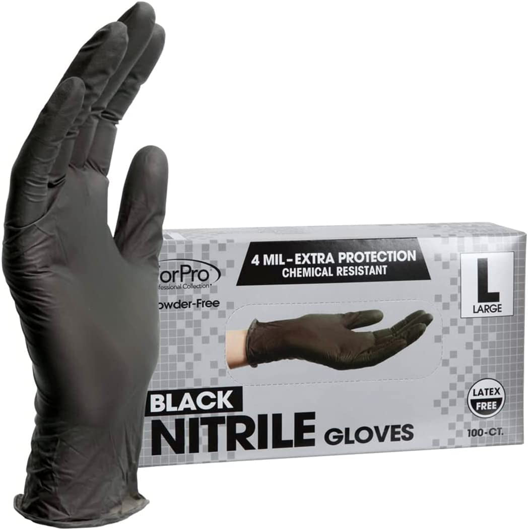 Forpro Disposable Nitrile Gloves. Chemical Resistant. Powder-Free. Latex-Free. Non-Sterile. Food Safe. 4 Mil. Black. Large. 100-Count