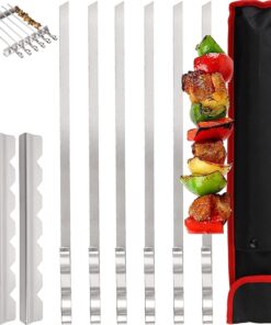 Dicunoy 9 PCS Stainless Steel Barbecue Skewers. 17 Kabob Skewers for Grilling.Reusable Metal Flat Shish BBQ Sticks with Kabob Rack Stand for Meat. Shrimp. Chicken. Vegetable Grill