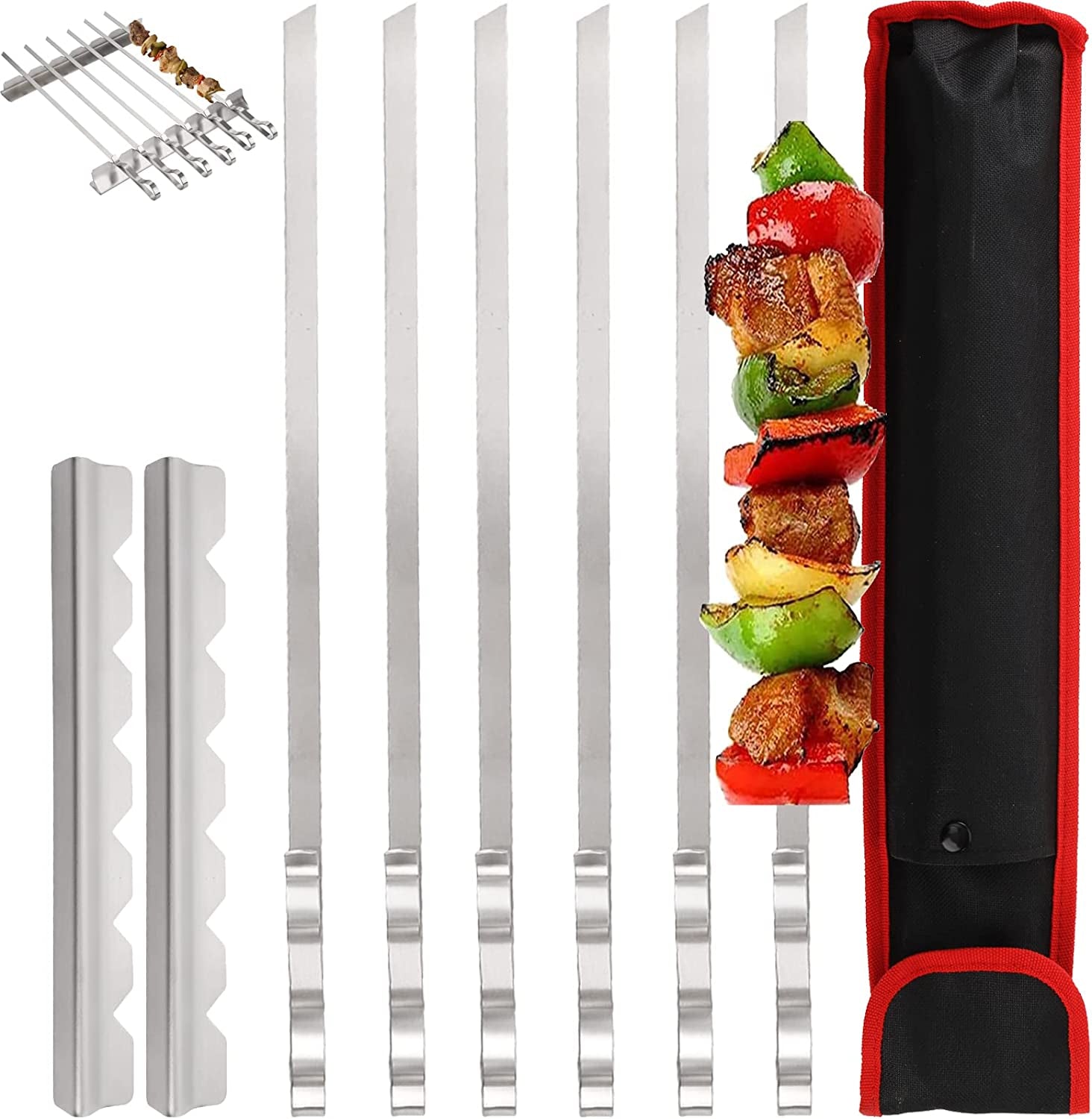 Dicunoy 9 PCS Stainless Steel Barbecue Skewers. 17 Kabob Skewers for Grilling.Reusable Metal Flat Shish BBQ Sticks with Kabob Rack Stand for Meat. Shrimp. Chicken. Vegetable Grill