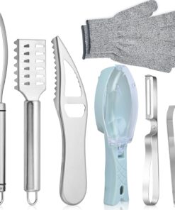 7‑Piece Fish Scaler & Cleaning Set – Stainless Steel Removers. Peeler. Fish Tweezers & Gray Mitten