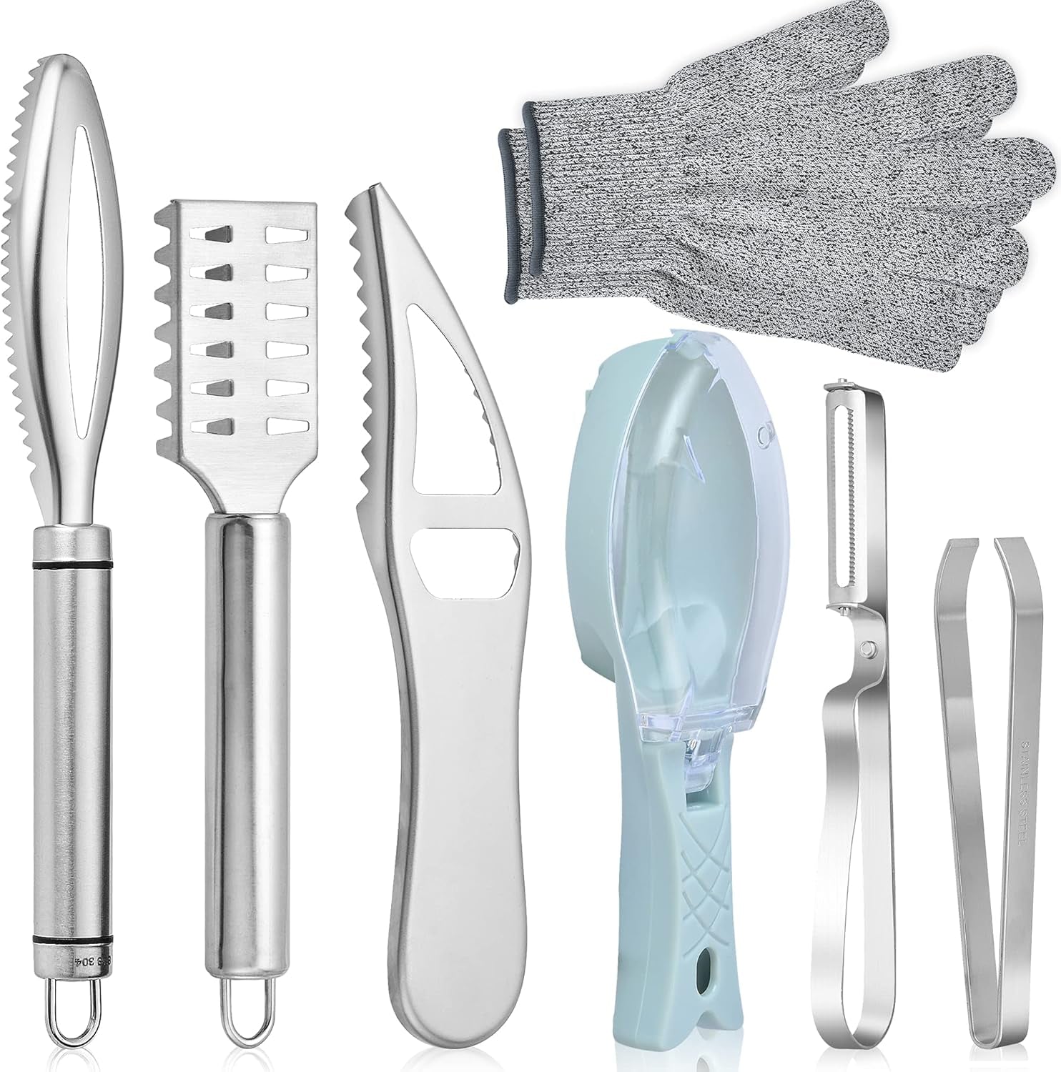 7‑Piece Fish Scaler & Cleaning Set – Stainless Steel Removers. Peeler. Fish Tweezers & Gray Mitten