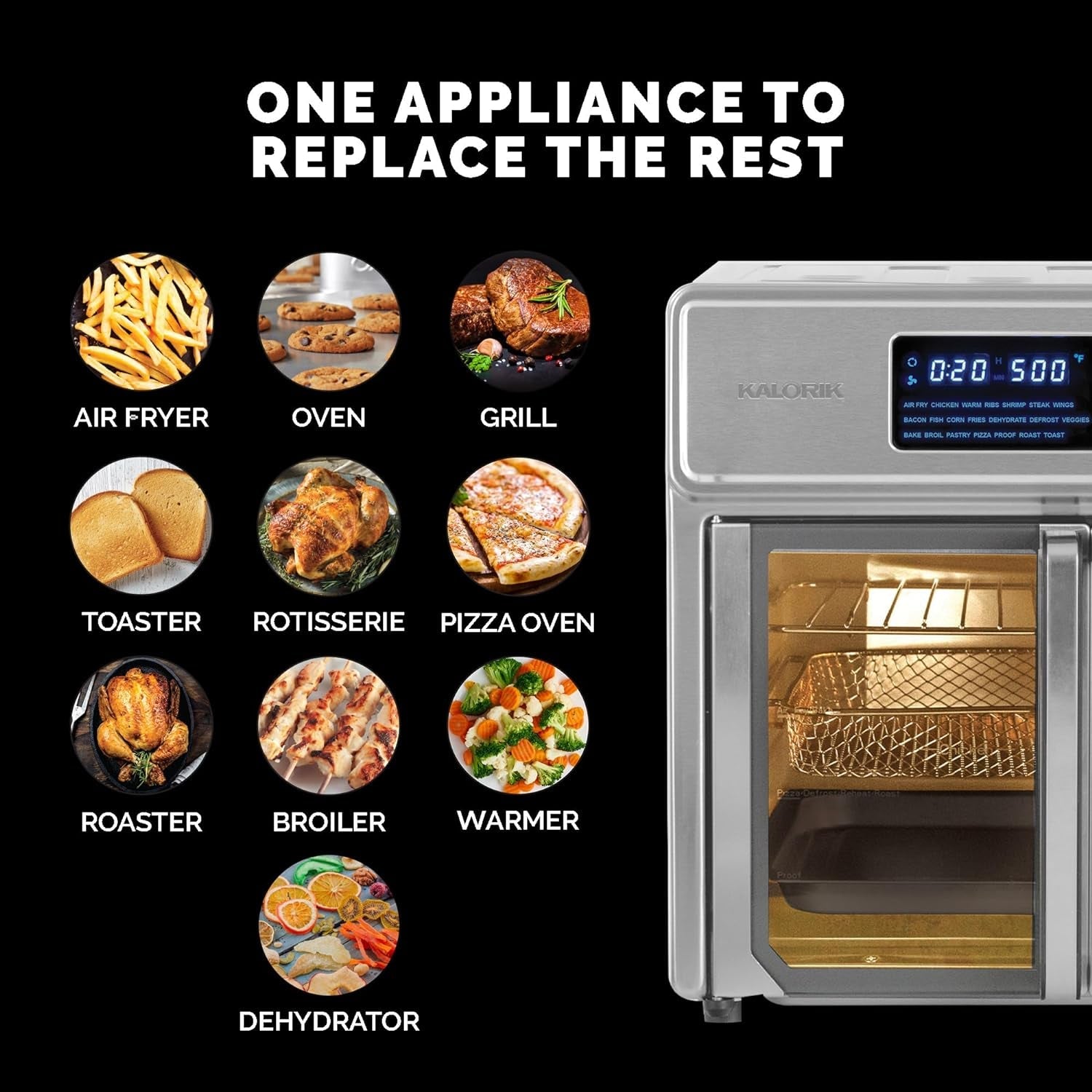 Kalorik MAXX Air Fryer Oven. 26 Quart 10-In-1 Countertop Toaster Oven & Air Fryer Combo - Fry. Bake. Roast. Rotisserie. & More. Large Glass French Doors & 9 Accessories. 1700-Watts. Stainless Steel - Image 4
