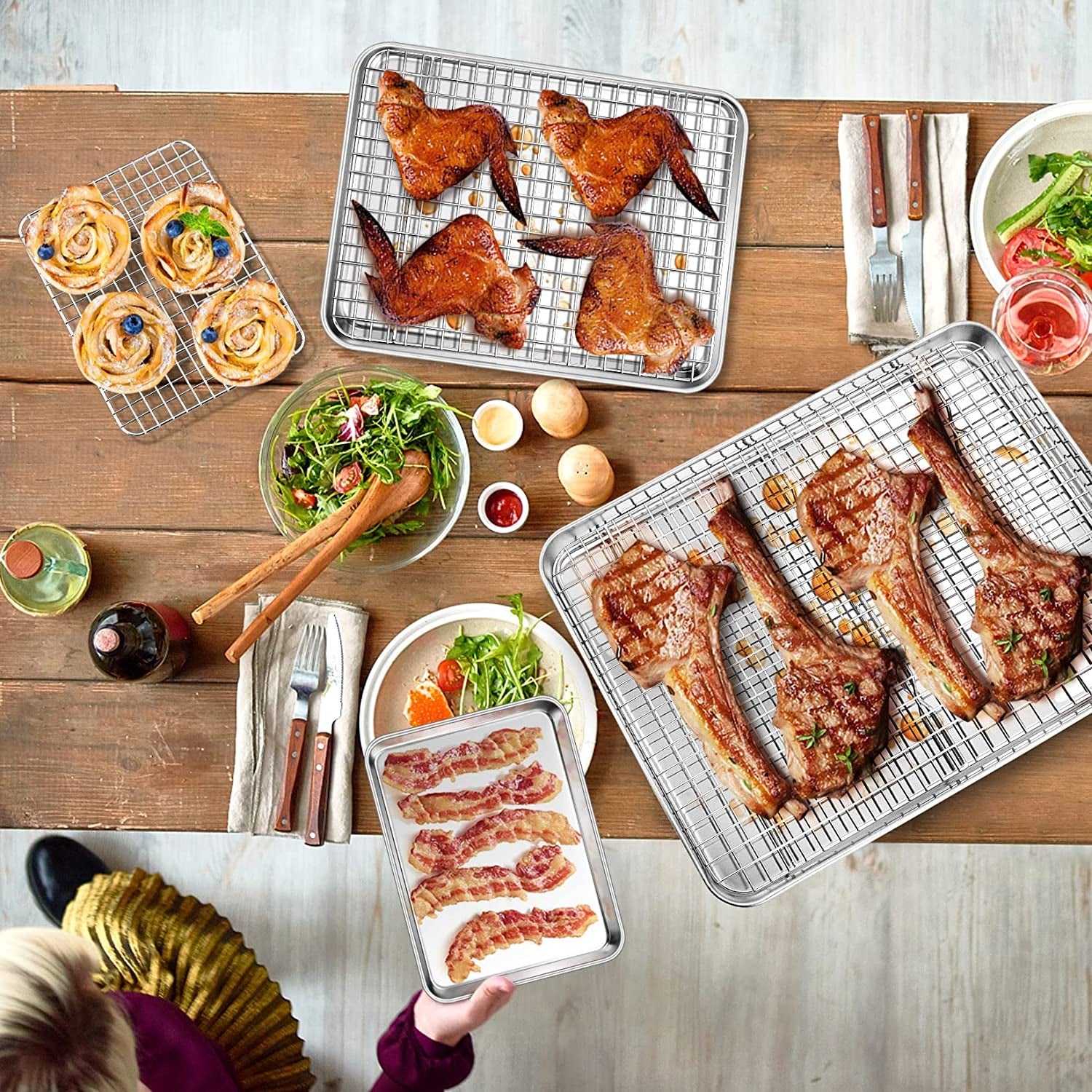 P&P CHEF Baking Sheet and Rack Set. 6 PACK (3 Sheets + 3 Racks). 3 Sizes Stainless Steel Baking Pans Cookie Sheets with Cooling Racks for Cooking & Roasting. Oven & Dishwasher Safe. Healthy & Durable - Image 7