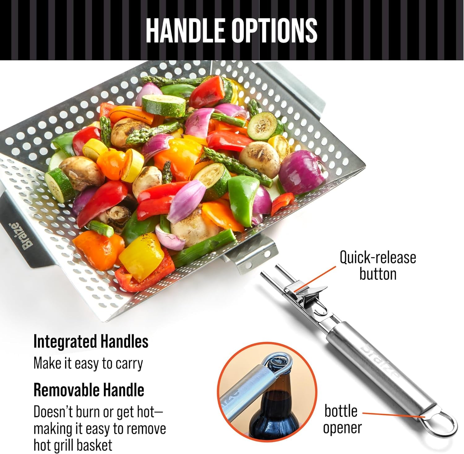 Stainless Steel Grill Basket with Removable Handle - Premium Grill Pan for Outdoor Cooking. BBQ Grilling Basket for Veggies & Fish. Vegetable Grilling Accessory. Grill Baskets for Outdoor Grill. Perfect Dad Gift - Braize - Image 2
