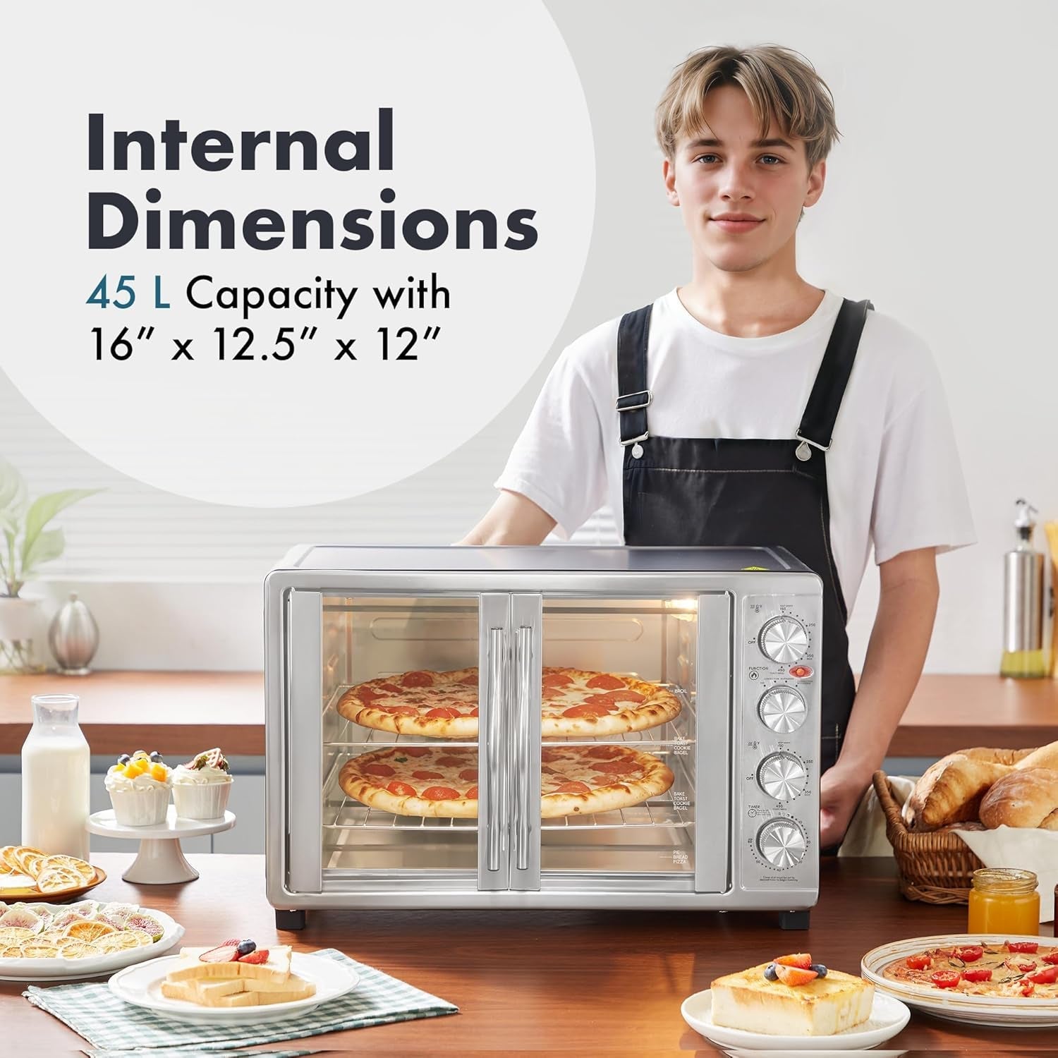 Elite Gourmet ETO-4510M French Door 47.5Qt. 18-Slice Convection Oven 4-Control Knobs. Bake Broil Toast Rotisserie Keep Warm. Includes 2 X 12 Pizza Racks. Stainless Steel - Image 2