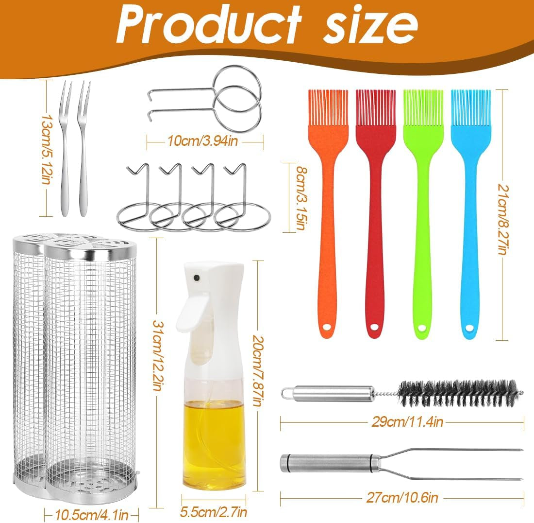 Rolling Grilling Baskets 2 PCS. Stainless Steel BBQ Net Tube Baskets with Oil Sprayer BBQ Accessories Tools for Vegetable Fish Meat Food Camping. Gifts for Men Dad and Husband - Image 2