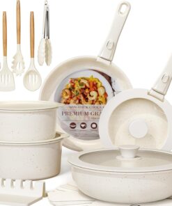 Astercook 21 Pcs Pots and Pans Set Non Stick. Ceramic Cookware Set Detachable Handle. RV Kitchen Cooking Set Removable Handles. Oven Safe. Induction Ready. Stackable Non-Stick Set. Cream White