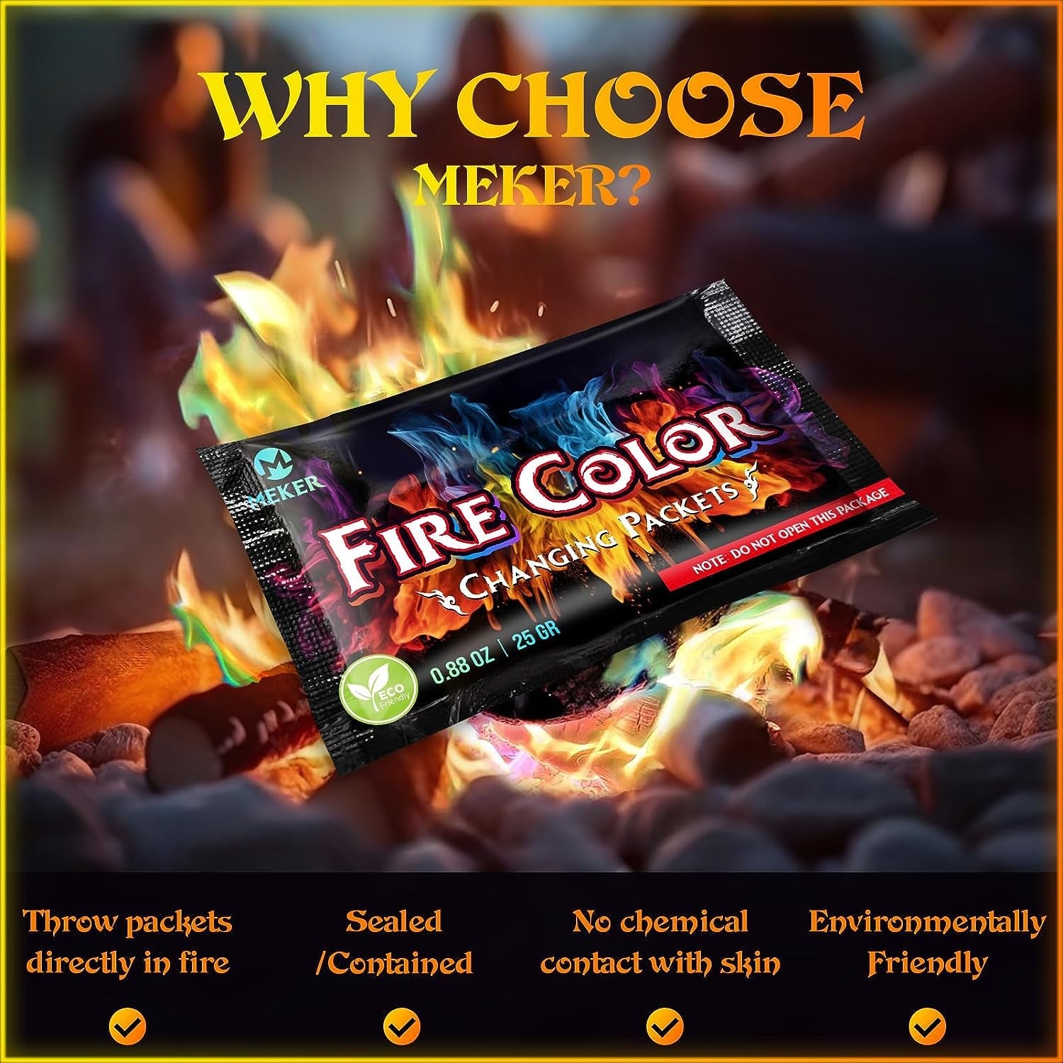 MEKER Fire Color Changing Packets - Fire Pit. Campfires. Outdoor Fireplaces. Bonfire - Magic Colorful Changing Fire - Perfect Fire Camping Accessories for Kids & Adults (12 Pack) - Image 4