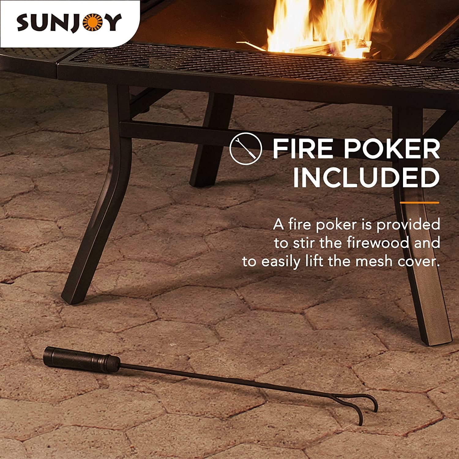 Sunjoy 38 In. Fire Pit for Outside. Square Wood Burning Firepit Large Steel Fire Pits with Adjustable Cooking Swivel BBQ Grill and Fire Poker Black - Image 11