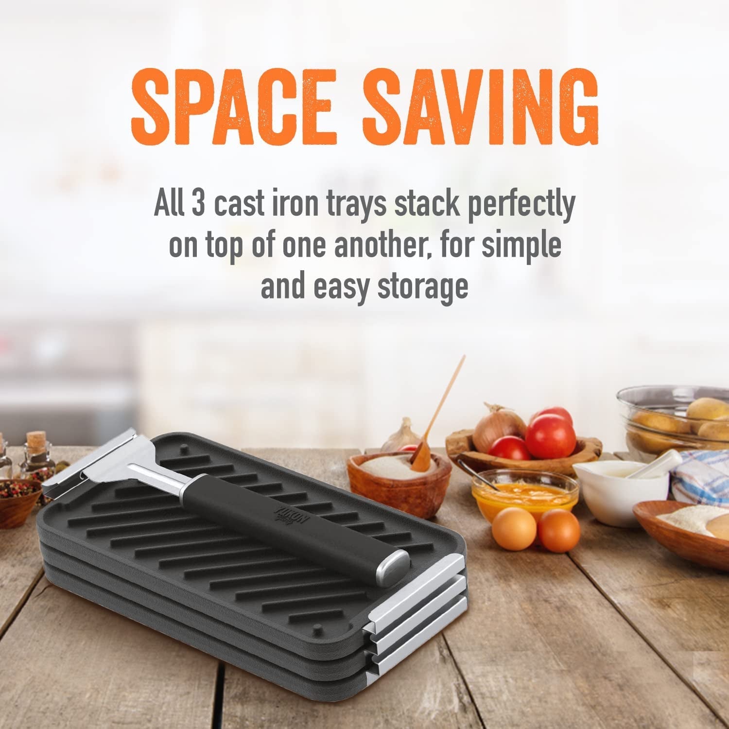 ™ SEAR 'N SERVE Cast Iron Grill Pan Set Includes 3 Cast Iron Grilling Baskets & Clip-On Handle - Cast Iron Grill Pans for Stove Tops or Outdoor Grills - Image 6