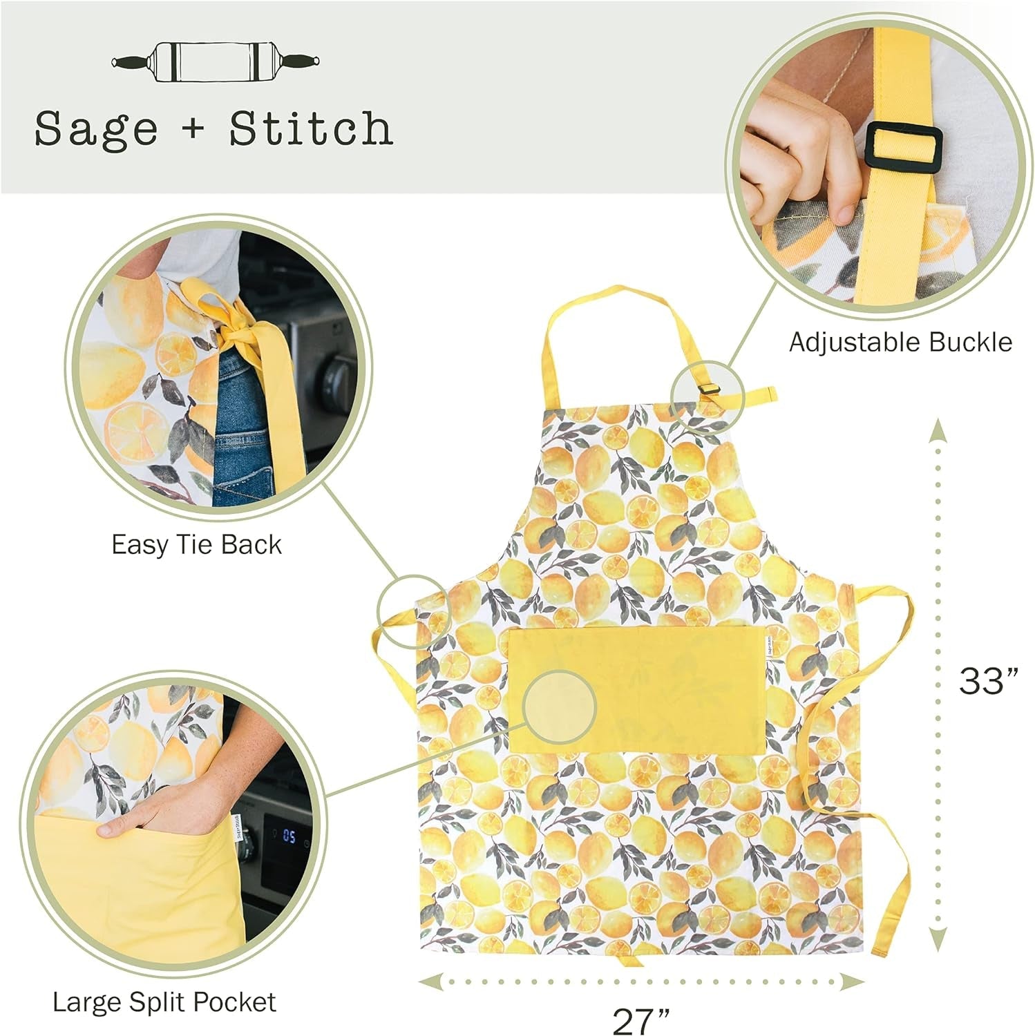 Adjustable Designer Kitchen Apron for Adults | 100% Machine Washable Cotton Cooking Apron with Pockets and Adjustable Neck Buckle | 27 Wide X 33 Long | Yellow Lemons - Image 2