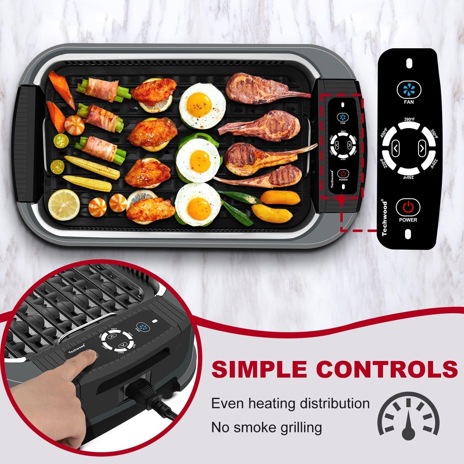 Techwood Indoor Grill Smokeless Grill. 1500W Indoor Korean BBQ Electric Tabletop Grill with Tempered Glass Lid. Removable Grill and Griddle Plates with Drip Tray. Gray - Image 3