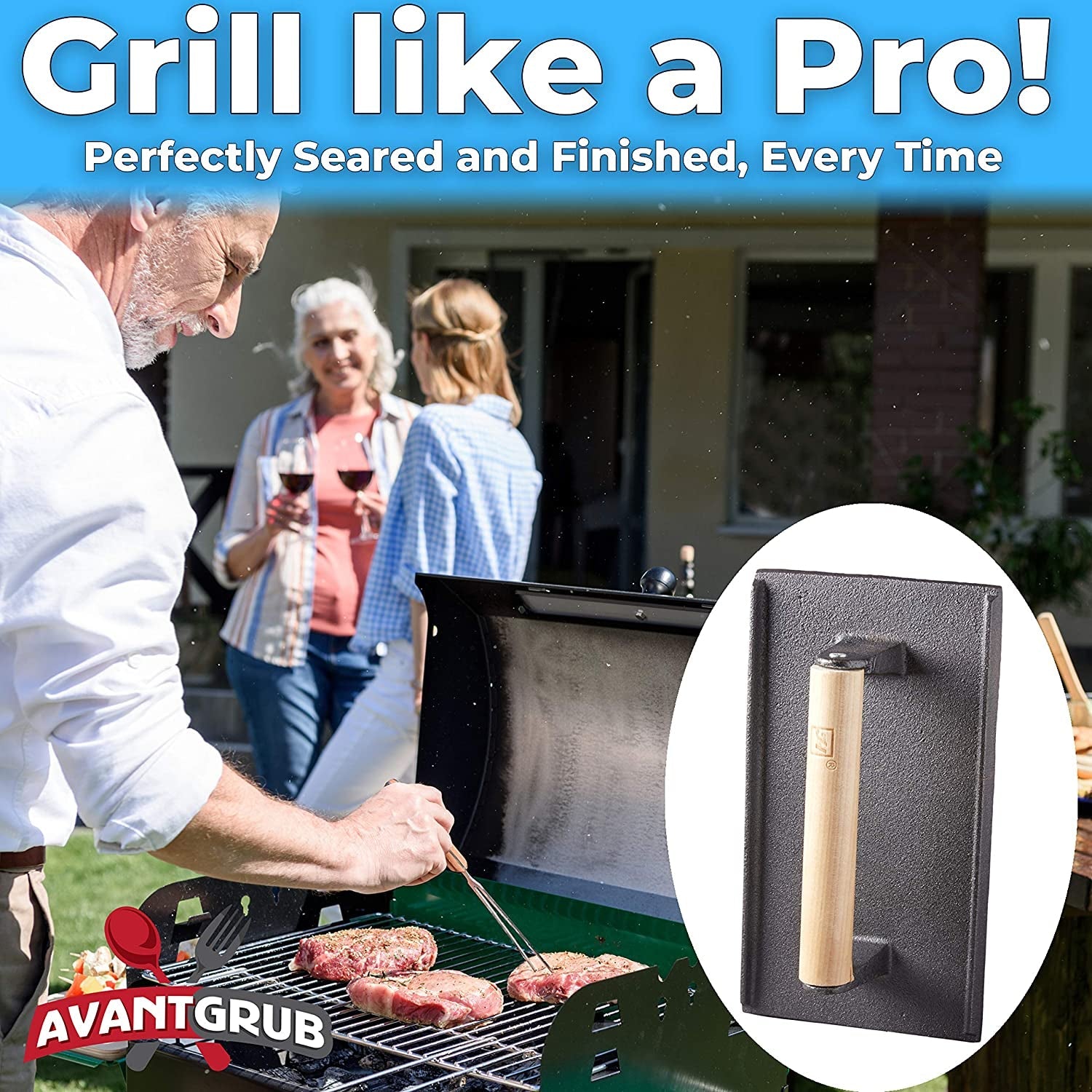 Pro Grade. Pre Seasoned Cast Iron Grill Weight 2Pk. Heavy Duty Steak and Burger Press with Wooden Handle for Grills. Griddles and Flattops. Perfect Gadget for Bacon. Paninis. Sandwiches and Vegetables - Image 2