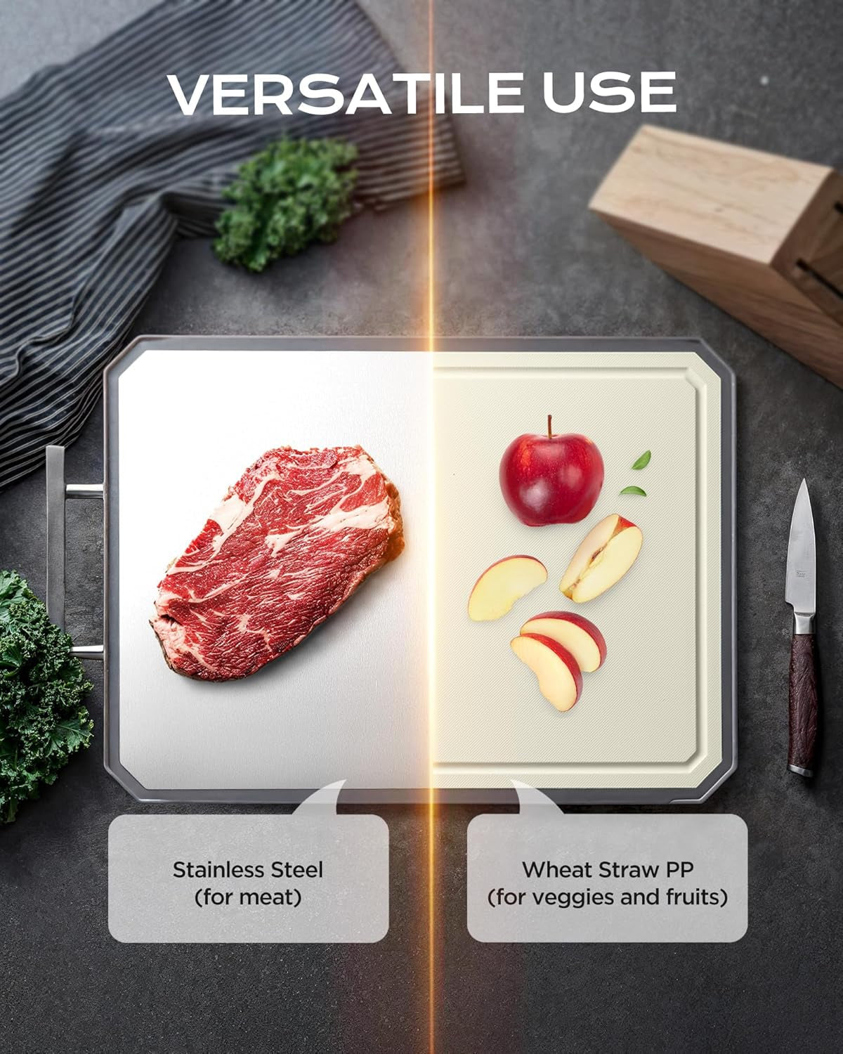 SNOWCLAD Stainless Steel Cutting Board.Double Sided Steel Cutting Boards for Kitchen.Stainless Steel/Wheat Straw Pp Large Board for Meat.Non Toxic Chopping.16 * 11 Inch.Dishwasher Safe - Image 3