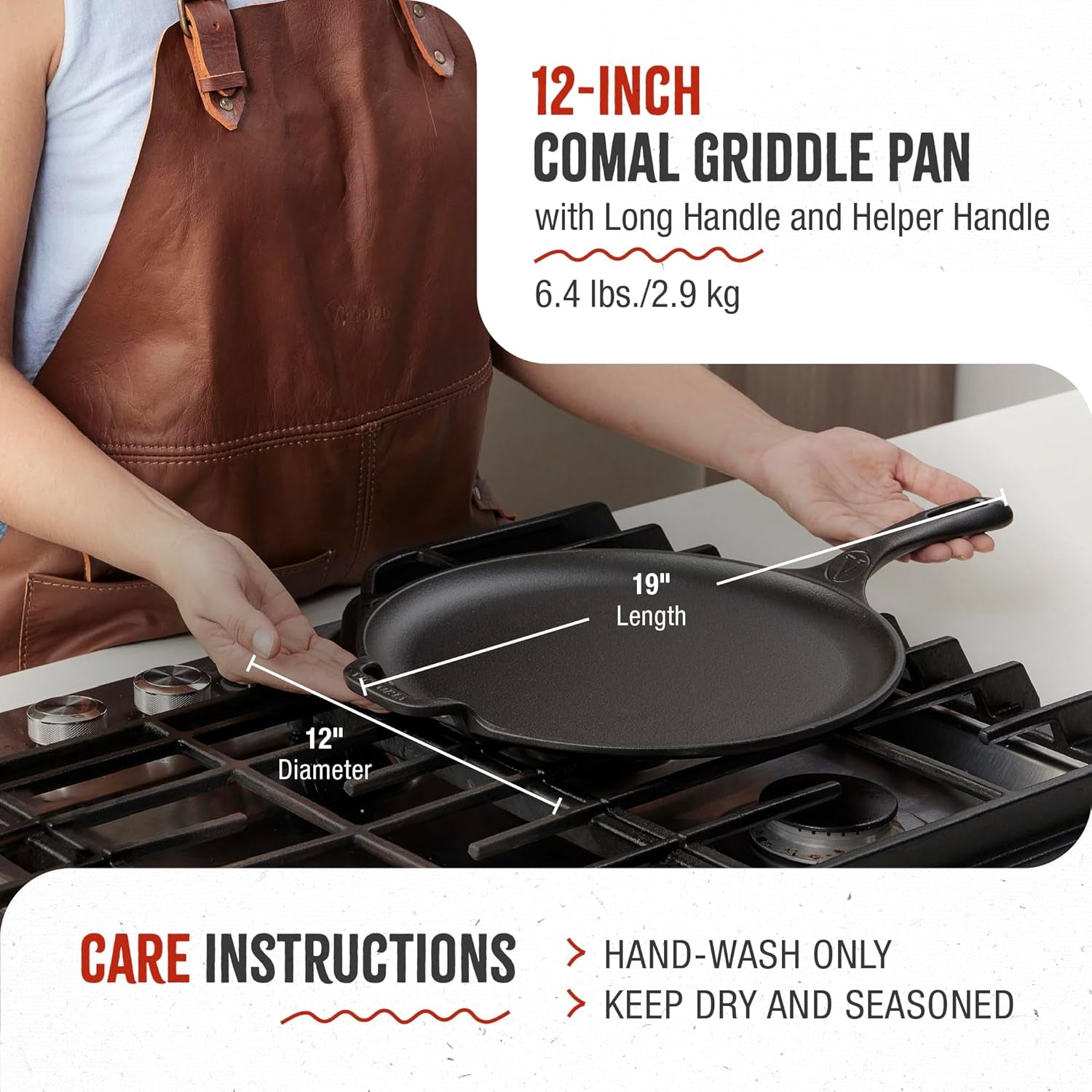 Victoria 12-Inch Cast Iron Comal Pizza Pan with a Long Handle and a Loop Handle. Preseasoned with Flaxseed Oil. Made in Colombia - Image 6
