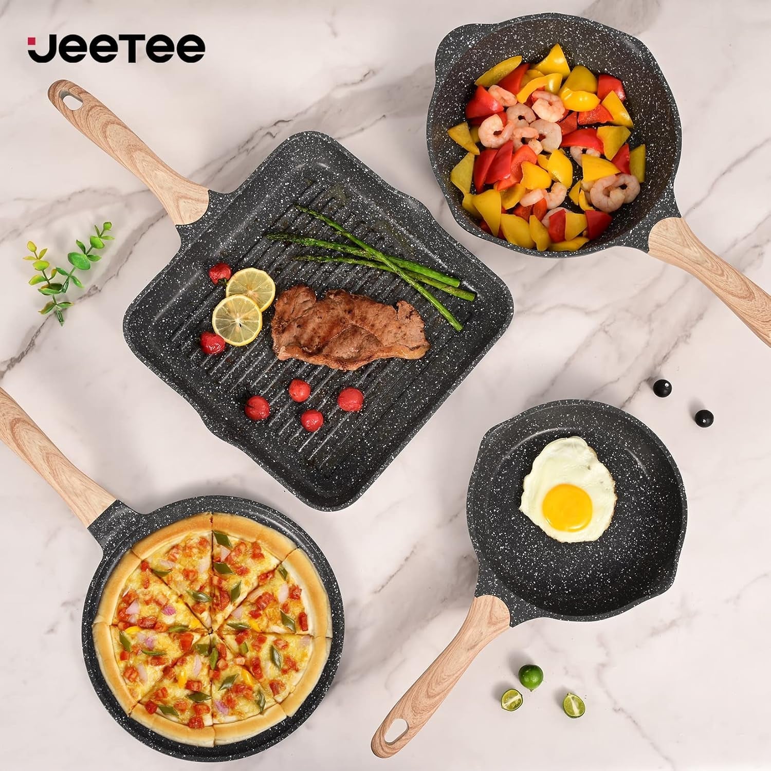 JEETEE Pots and Pans Set Nonstick 23Pcs. Healthy Kitchen Cookware Sets. Induction Cooking Set W/Gray Granite Stone Frying Pans. Saucepans. Sauté Pan. Griddle Pan & Crepe Pan (PFOA Free) - Image 6