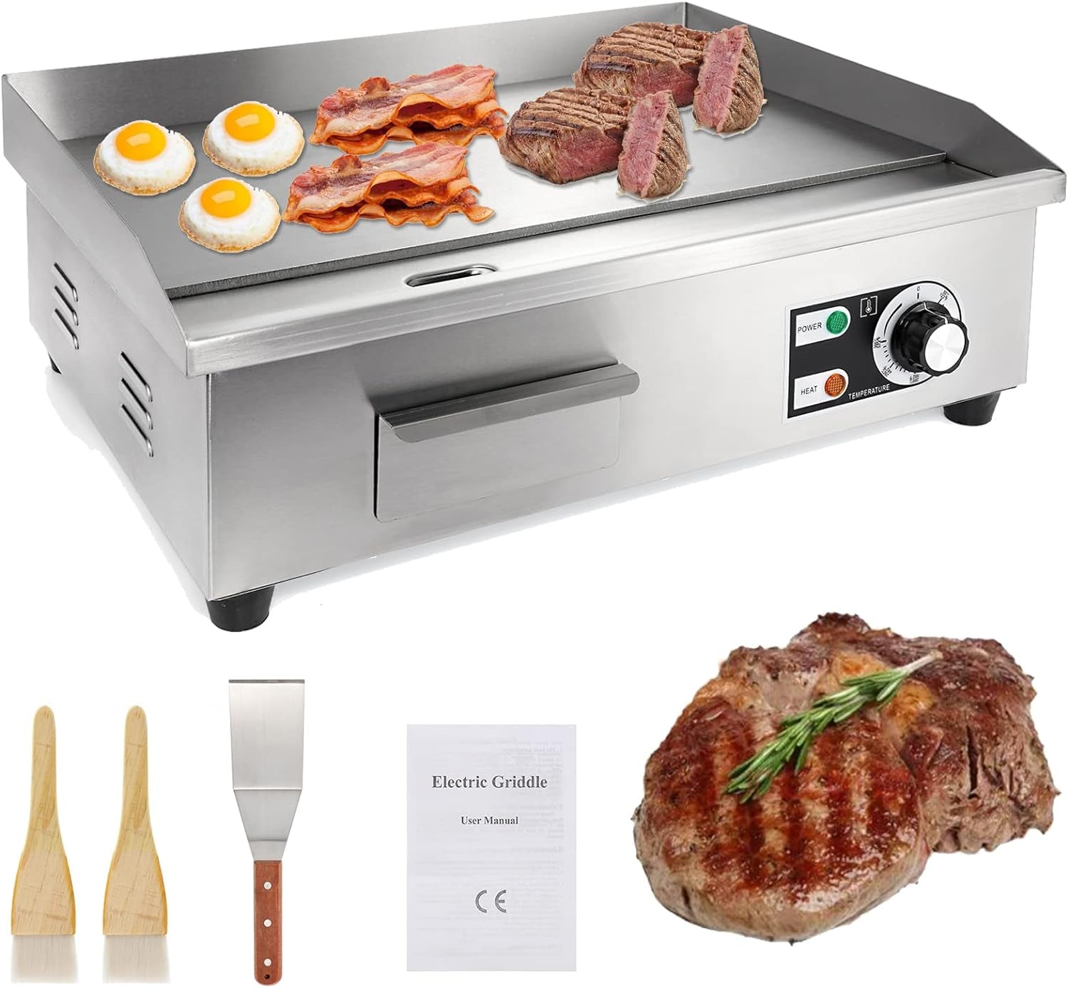 Commercial Electric Griddle 22. 3000W Electric Flat Top Griddle Grill Indoor with 122~572℉ Adjustable Temperature Control. Non-Stick Stainless Steel Teppanyaki Grill for Restaurant. Hotel