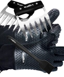 Walfos Silicone Grill and Cooking Gloves plus Pork Shredder Claws plus Silicone Basting Brush - Heat Resistant and Non-Slip. Safe Cooking and Grilling for Indoor & Outdoor. Superior Value Premium Set