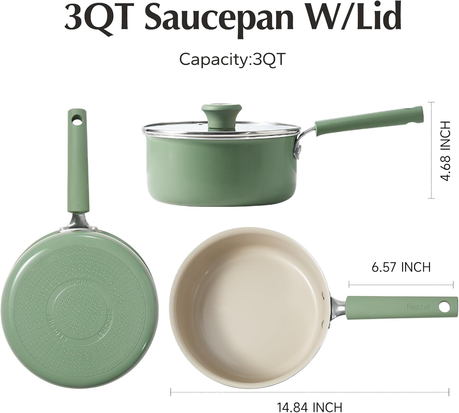 Redchef 3QT Ceramic Nonstick Saucepan with Lid – PFAS Free. Cool Handle. All Cooktops. Green - Image 7