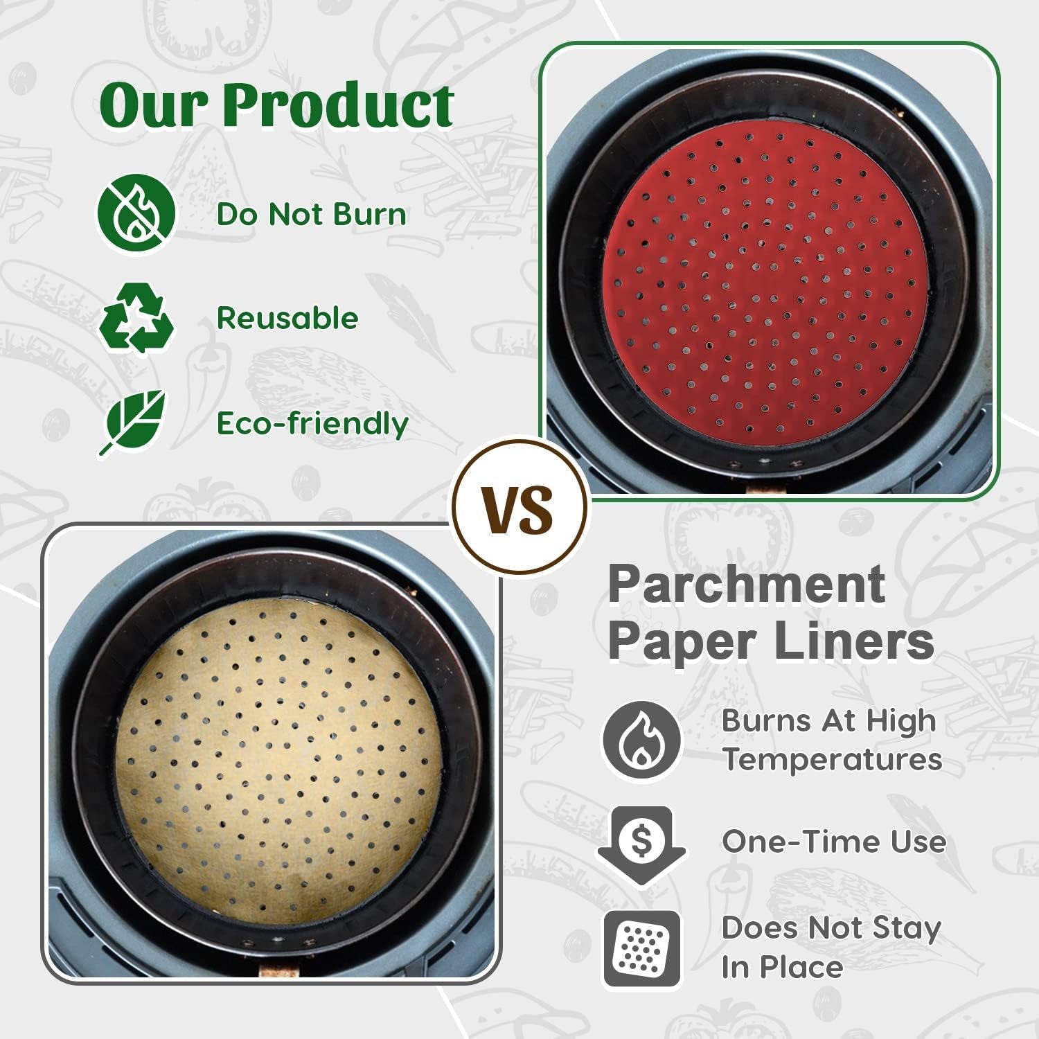 Reusable Round Silicone Air Fryer Liners (9. 3 Pack) by Linda's Essentials – Non‑Stick. Easy‑Clean with Cheat Sheet & Recipes - Image 4